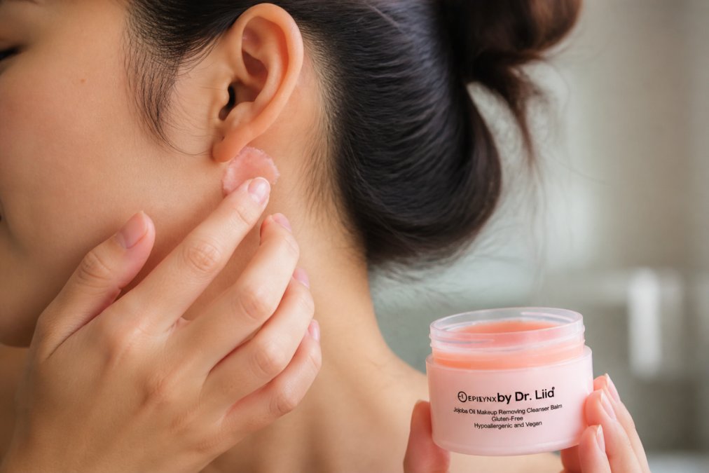 Close-up of a person applying a small amount of product behind their ear on clean skin with natural daylight, showing careful precision with fingertip application