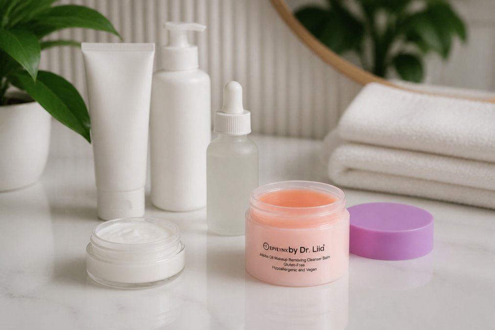 Flatlay of carefully arranged skincare products including cleansers, moisturizers, and serums displayed on a clean white minimalist surface with soft natural lighting