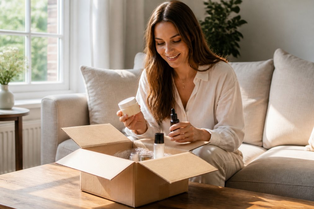 Woman at home unboxing a beauty delivery box with skincare and cosmetics products, checking the contents with satisfaction, natural afternoon light streaming through window