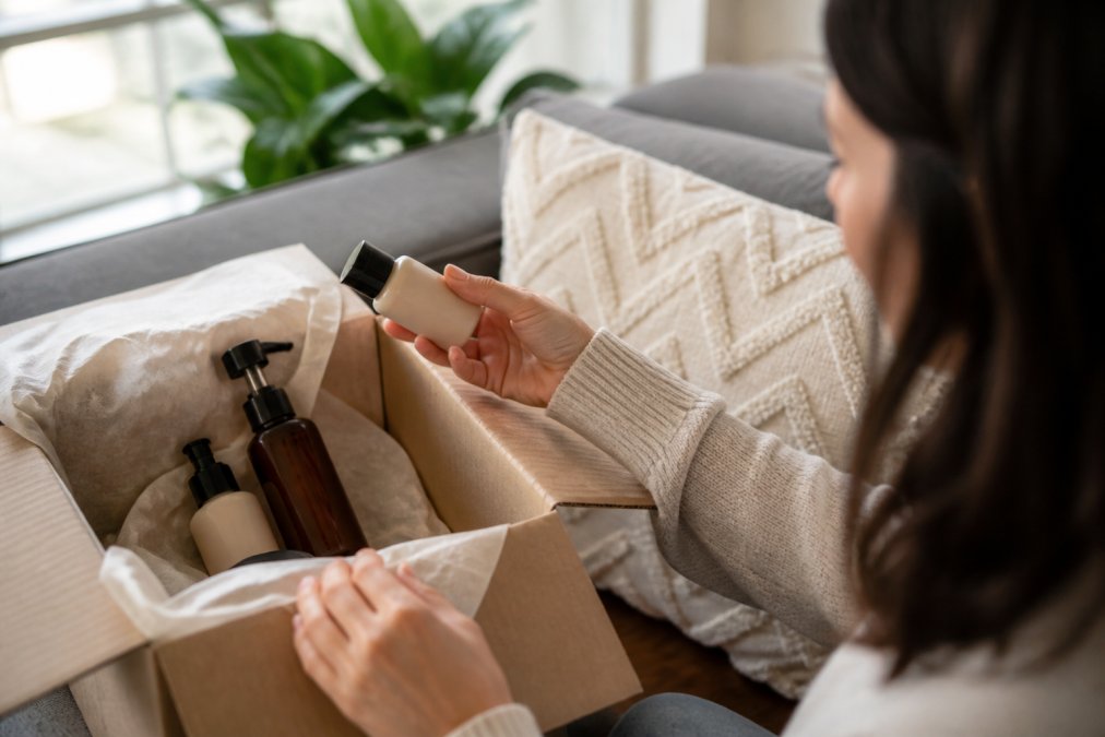 Close-up of hands holding a smartphone displaying a beauty retailer's shopping cart with free shipping offer highlighted, modern home setting with natural light