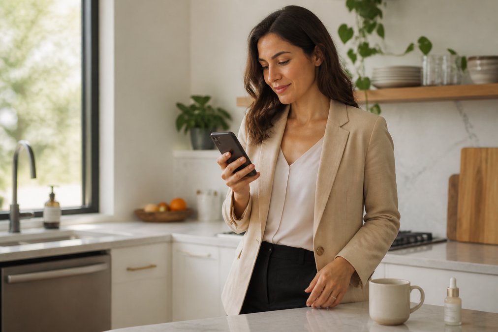Woman in business attire using a smartphone in a kitchen with coffee and skincare products nearby