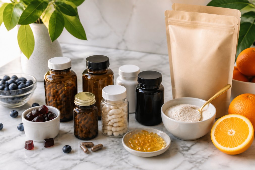 Flat lay of various beauty supplement bottles, amber capsule jars, blueberry gummies, and collagen powder pouches arranged neatly on a white marble surface alongside fresh oranges, blueberries, and green leaves in soft natural light