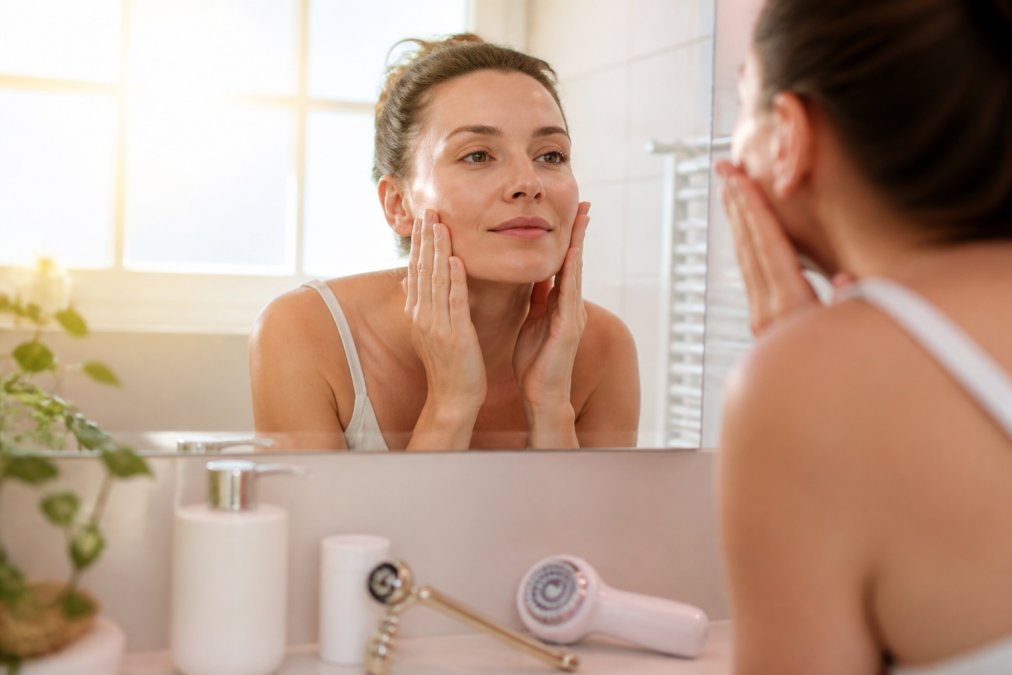 Close-up of a woman in her early 30s leaning toward a well-lit bathroom mirror, examining her skin with both hands gently touching her cheeks, morning sunlight streaming through a frosted window behind her