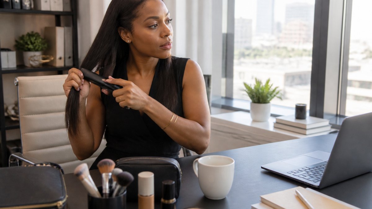Professional woman using a cordless hair straightener at her desk with coffee and laptop in morning light.