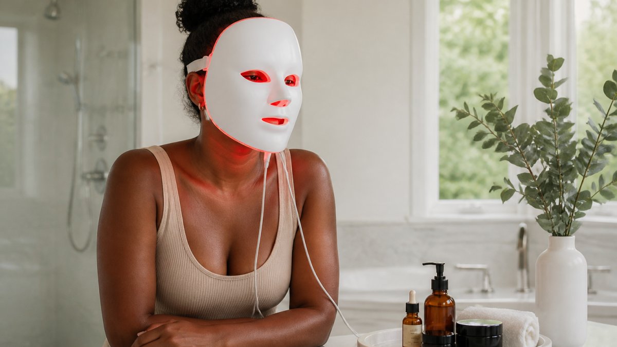 A woman with deep brown skin wearing a white LED light therapy mask in a bright bathroom, hands resting on the counter, soft natural light