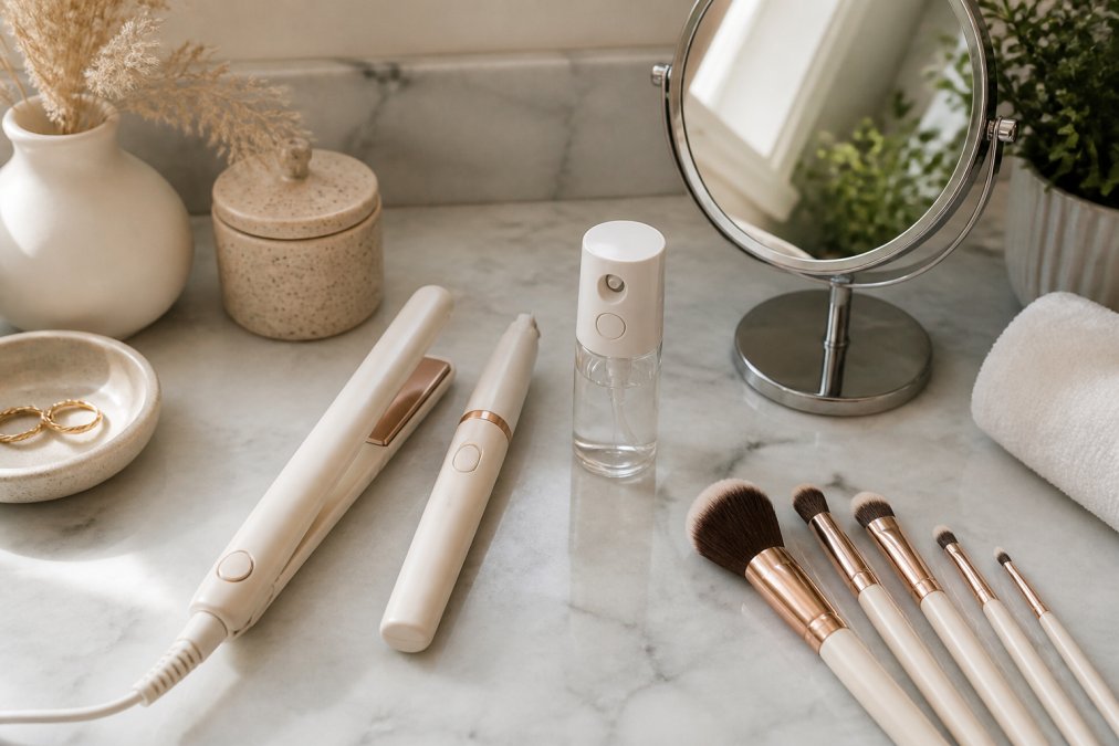 Flat lay of organized beauty tools on marble vanity including ceramic mini straightener, facial hair remover, nano mist sprayer, makeup mirror, and makeup brushes arranged in functional order with natural morning light
