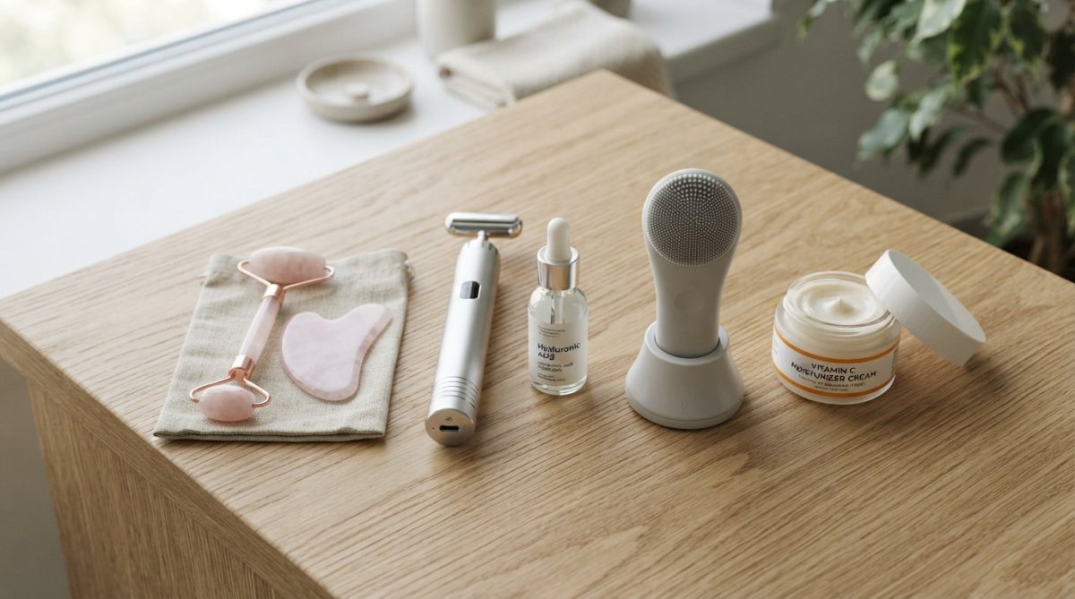 Flatlay arrangement of various beauty devices including LED mask, microcurrent wand, facial roller, and cleansing brush on marble surface with skincare products and soft natural lighting