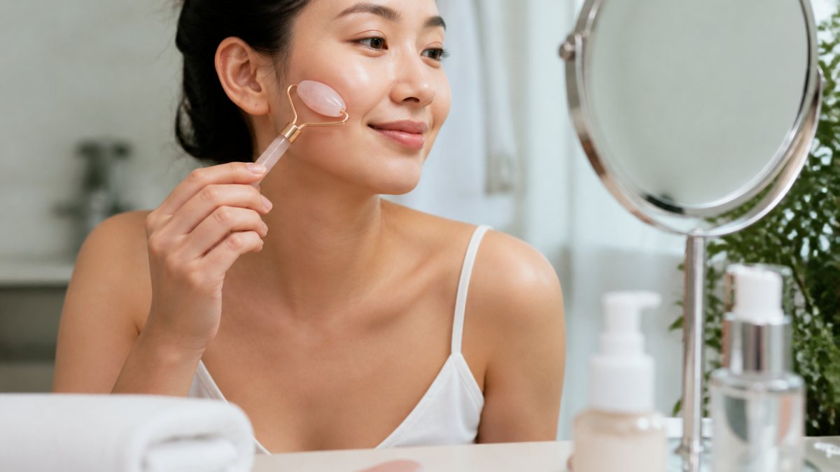 Close-up of a woman's hands using a rose quartz facial roller on her cheek in a bright bathroom, with a gua sha stone and small towel on the counter beside her