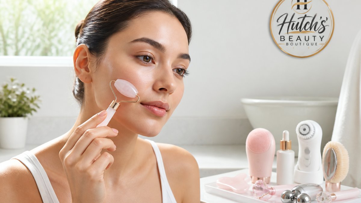 Close-up of a person with calm, clear sensitive skin using a gentle facial roller on their cheek, with soft natural window lighting and a minimalist white bathroom background