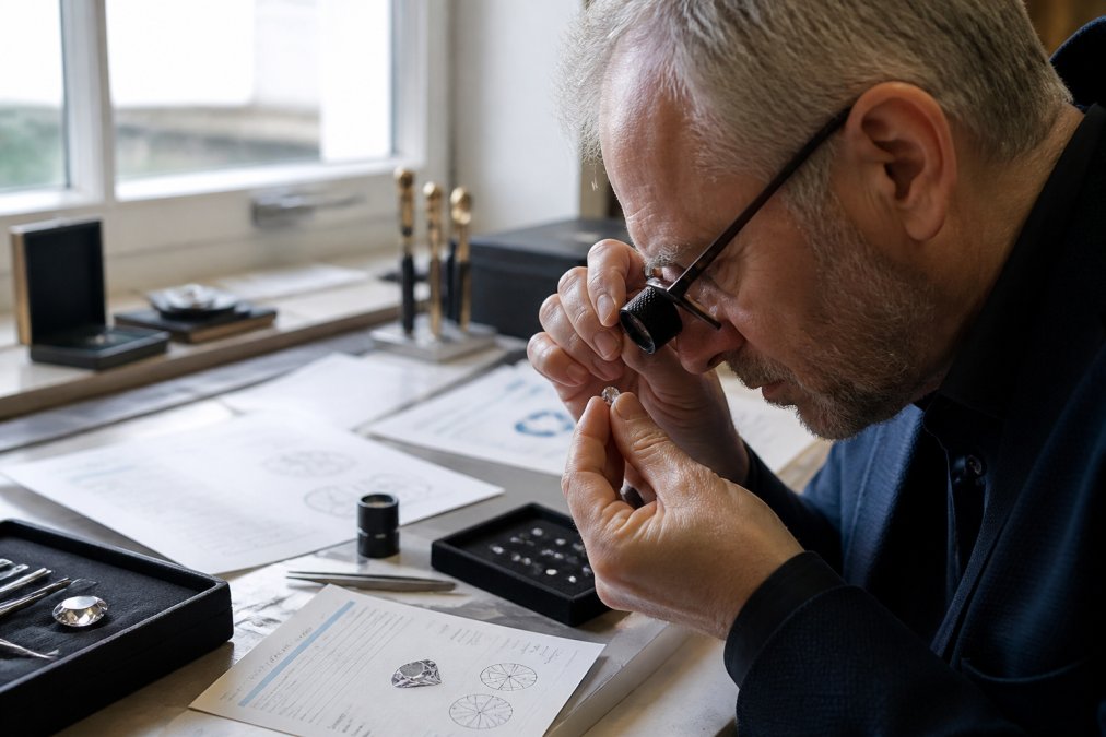 Jeweller examining a diamond with a loupe under bright studio lighting, with certification documents visible on the workbench