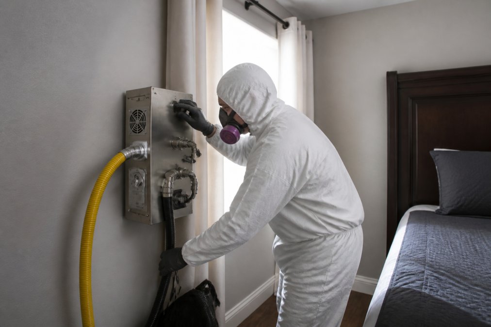 Professional pest control technician in protective gear adjusting heat treatment equipment mounted on bedroom wall while monitoring digital temperature display