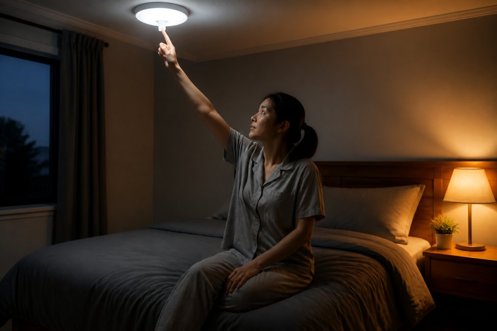 Person turning off cool ceiling bedroom lighting while a warm lamp glows on the nightstand at dusk