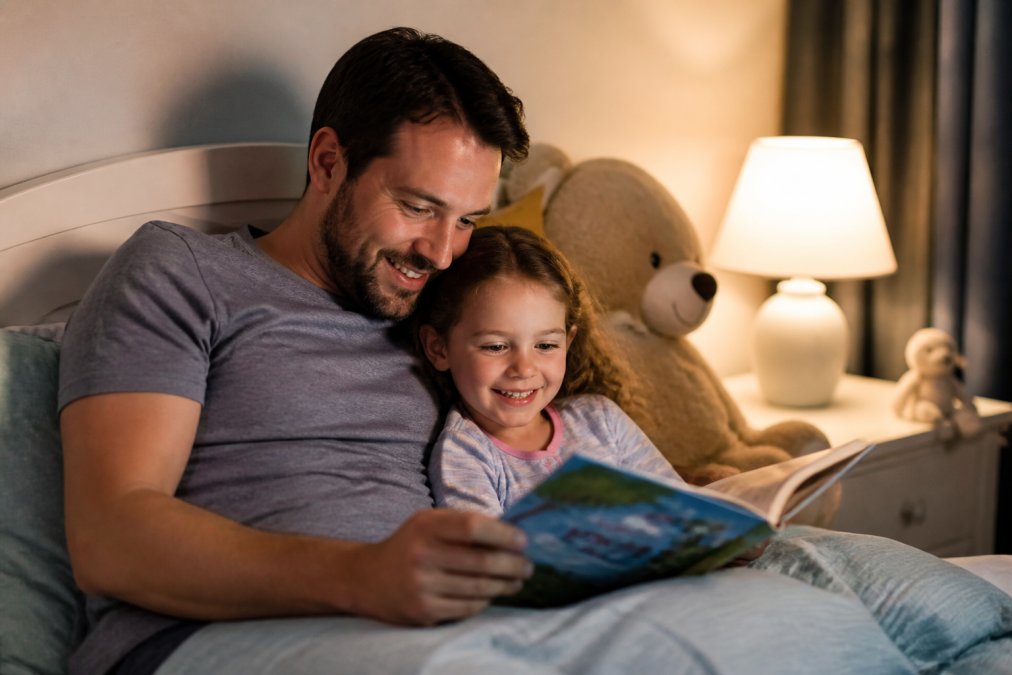 A parent sitting beside a young child in bed, reading a colorful picture book together by warm lamplight, both smiling, cozy bedroom with soft blankets and a bedside lamp casting golden light