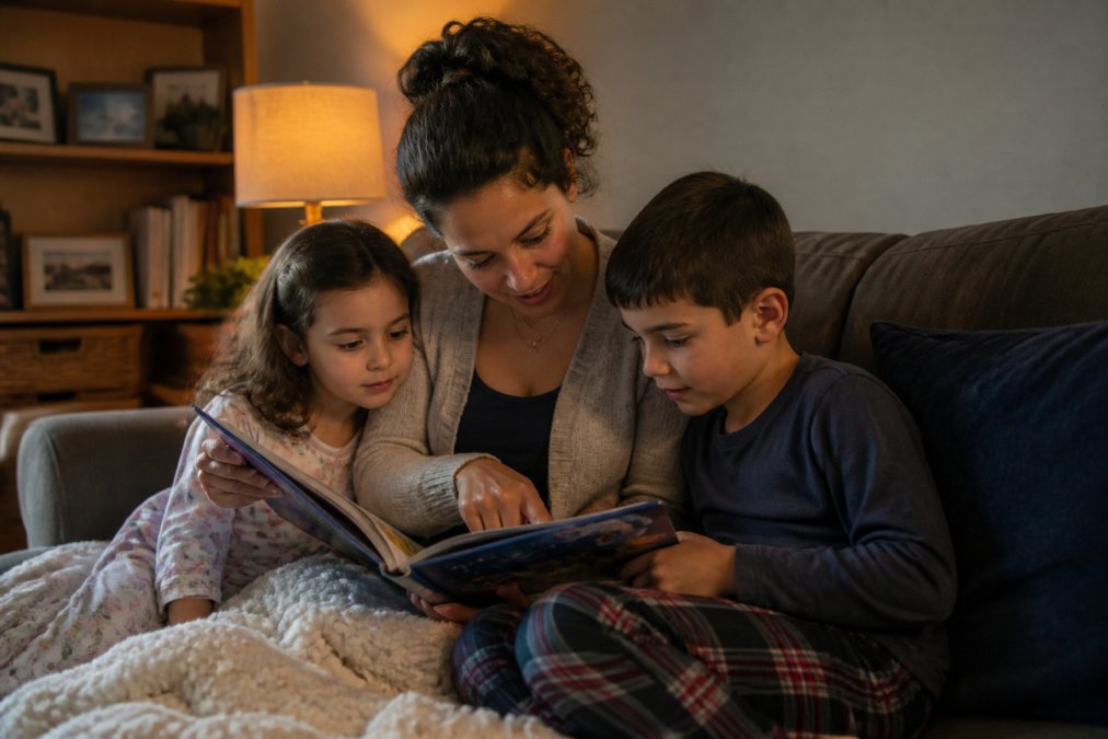 A mother and two children of different ages snuggled together on a couch, the mother holding an open storybook and pointing at an illustrated page, warm indoor lighting, relaxed and engaged expressions