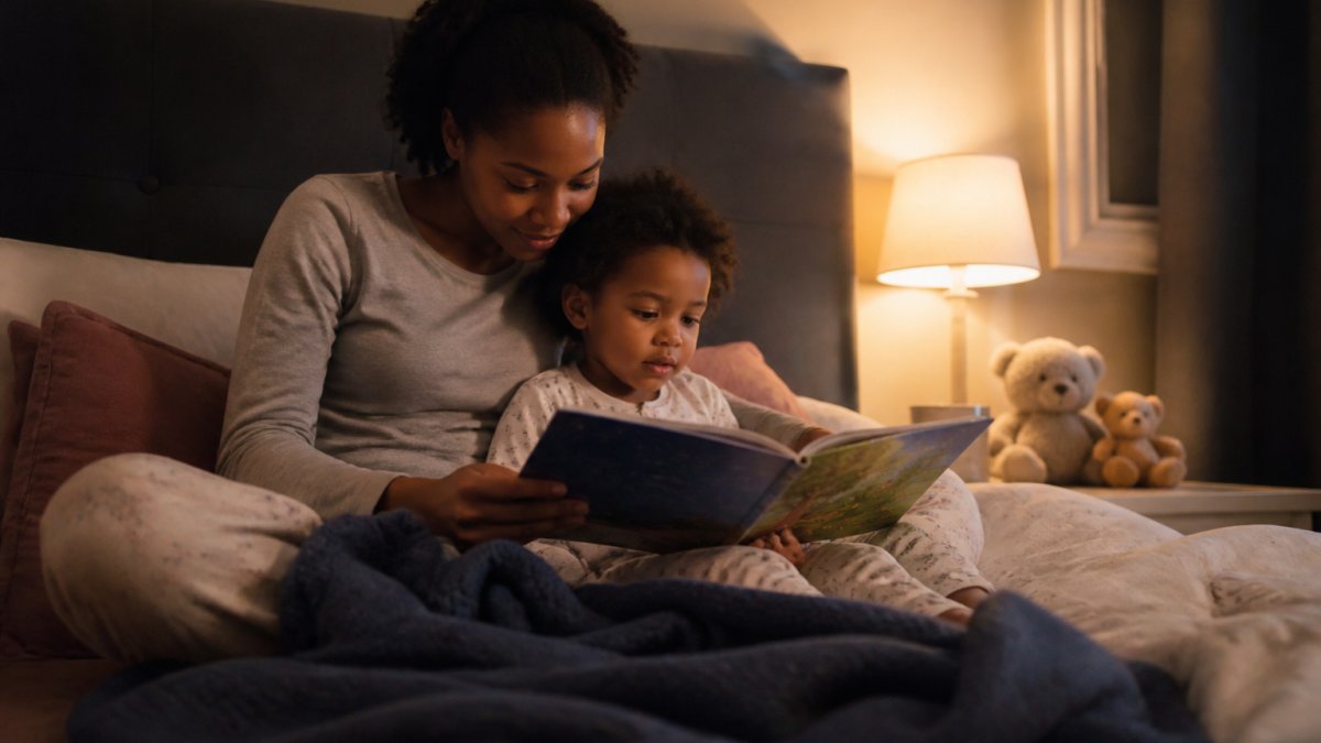 Parent and toddler reading bedtime stories together under warm lamp light in a cozy bedroom setting