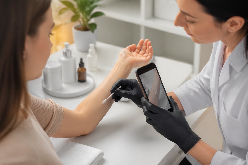 Professional demonstrating best bee venom serum for beginners patch test technique on inner forearm with careful application, clinical setting with natural lighting, showing baseline photo documentation