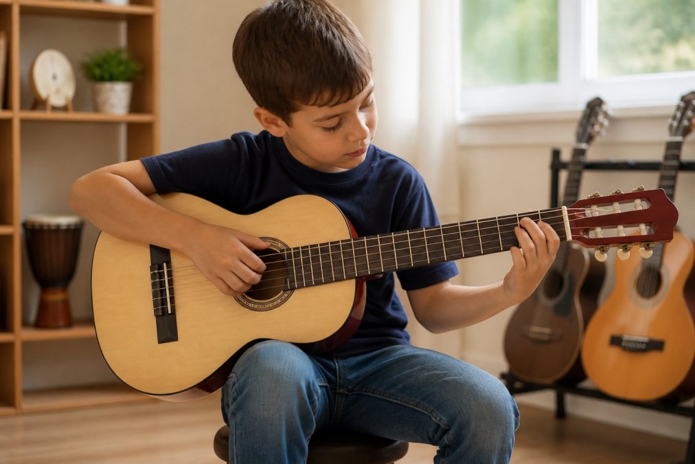 Child sitting with proper posture holding a 3/4 size acoustic guitar, hands positioned on the neck with fingers curved naturally over the fretboard in a bright, natural-lit room