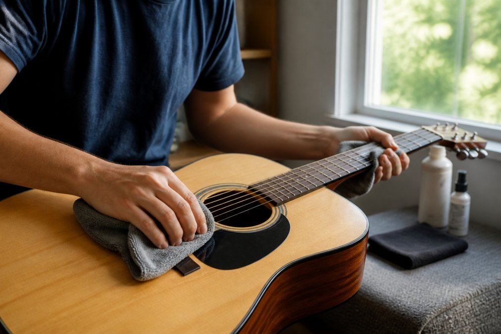 Close-up of hands carefully cleaning an acoustic guitar with a soft microfibre cloth, showing proper technique on the body and neck in natural window lighting