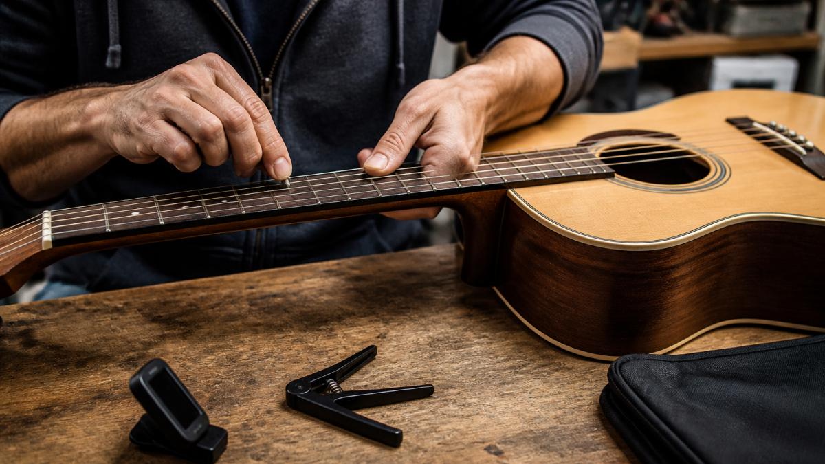 Hands checking the string height on a beginner acoustic guitar near a capo and tuner on a wooden bench