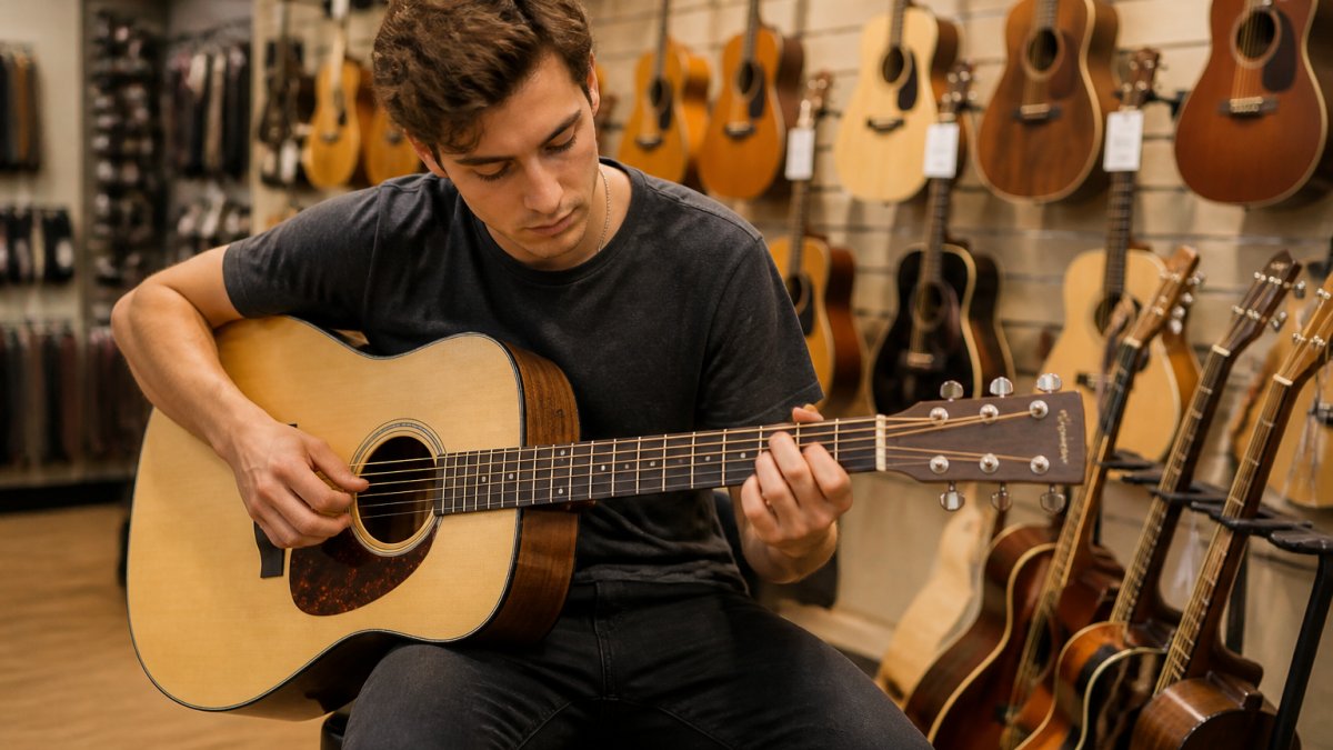 A young musician trying an acoustic guitar in a bright music shop on the Gold Coast, with rows of guitars on the wall behind them