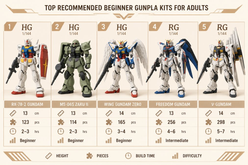 Close-up of five different assembled Gundam model kits displayed on a clean shelf, showing various scales and grades side by side with different poses and articulation positions to illustrate the differences between HG and RG grades