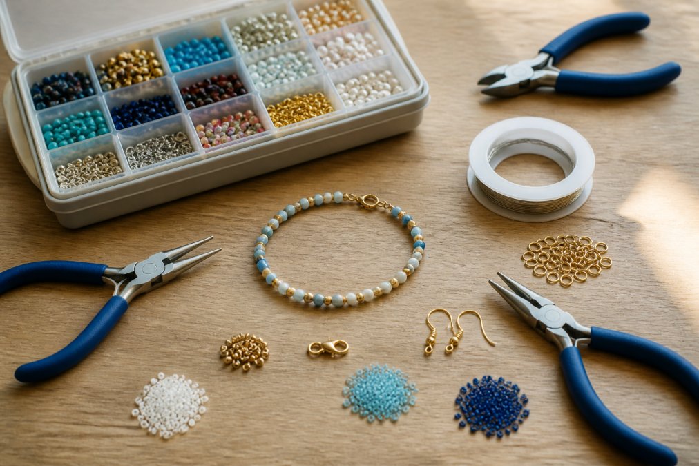 Flat lay of an open jewelry making kit on a light wooden table, showing round nose pliers, wire cutters, chain nose pliers, colorful seed beads in small piles, crimp beads, jump rings, a lobster clasp, beading wire on a spool, and earring hooks arranged neatly around a partially assembled beaded bracelet, photographed in bright natural window light