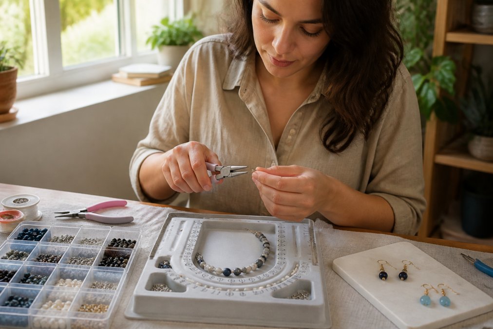 A woman sitting at a bright home craft table using round nose pliers to carefully bend a head pin, with a bead board in front of her showing a partially planned bracelet layout, small containers of seed beads and crimp beads arranged to her left, and two finished pairs of earrings resting on a white surface nearby, photographed in warm afternoon window light