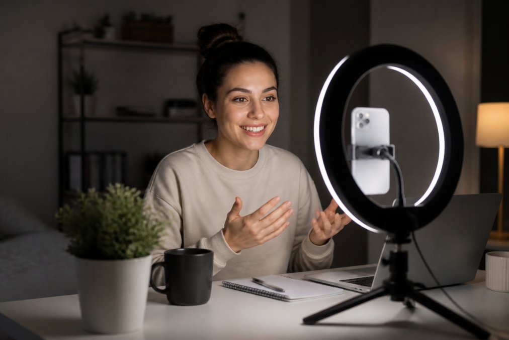 A young content creator filming a TikTok video at a desk in a dimly lit room, with a ring light and smartphone on a tripod illuminating their face clearly