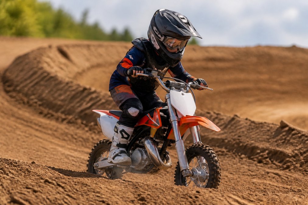 Young beginner rider on a 50cc dirt bike demonstrating proper body positioning with bent knees gripping the seat, elbows up, and forward lean, wearing full protective gear including helmet and knee braces on a dirt track with berms in background