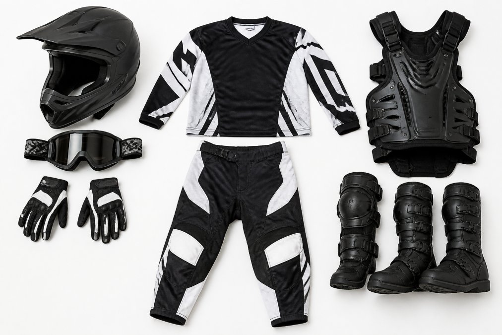 Complete laid-out protective gear for a young motocross rider including DOT-approved helmet with goggles, padded gloves, jersey, pants with padding, boots, and knee braces arranged neatly on a white background with natural lighting