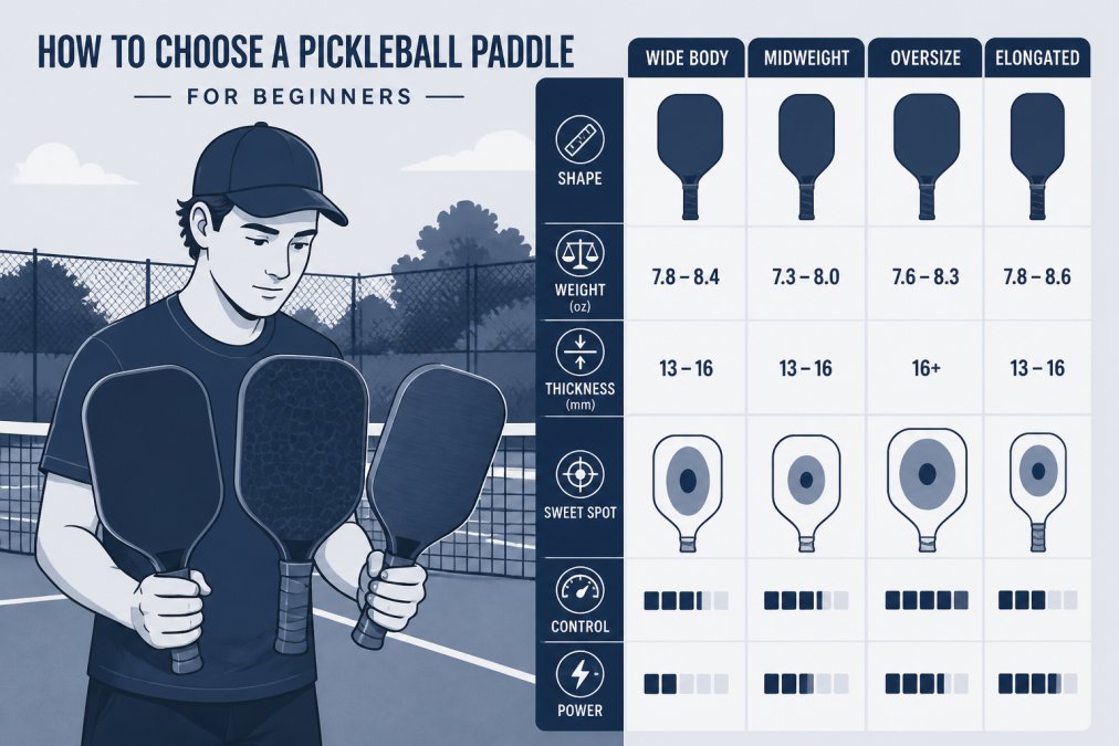 Beginner player holding and comparing multiple paddles side-by-side on an outdoor pickleball court, examining grip and paddle face in natural daylight