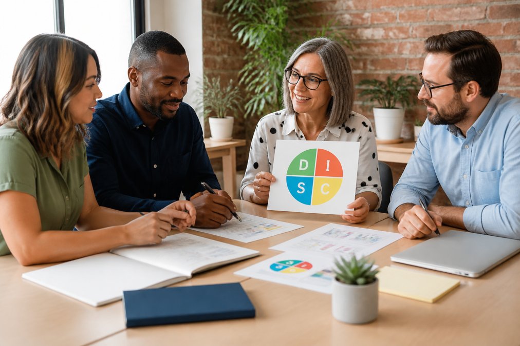 Diverse small business team in collaborative meeting discussing assessment insights, with notes and behavioral profiles visible on the table, natural office lighting