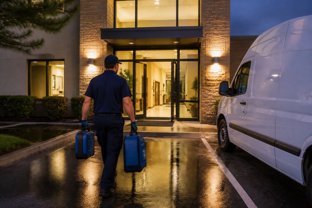 A restoration technician in branded uniform and safety gear carrying drying equipment into a commercial building entrance at dusk, with a service van parked nearby