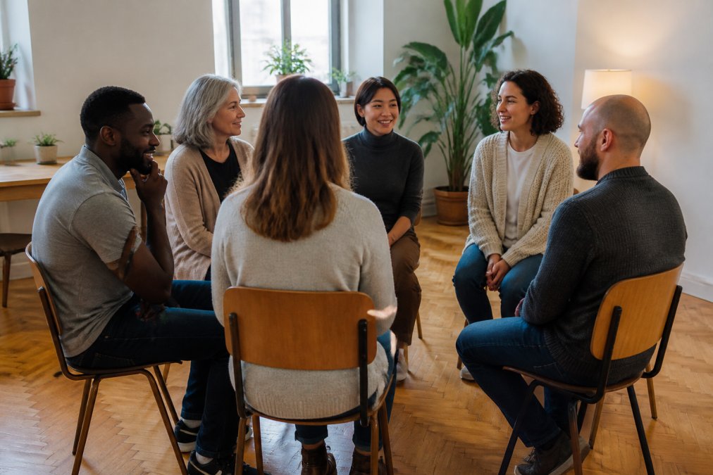A diverse group of people sitting in a circle during a support group meeting, engaged in conversation in a warm, welcoming room with natural lighting