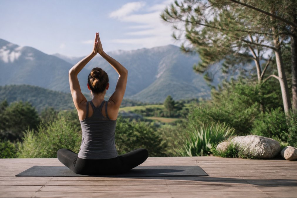 A person practicing yoga outdoors in a serene natural setting with mountains or gardens visible, demonstrating mindfulness and wellness practices in natural light