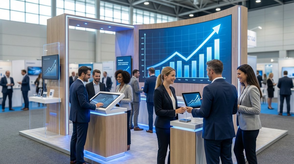A custom exhibition stand designed and built by Adam Expo Stand, showcasing a brand's logo and key messaging.