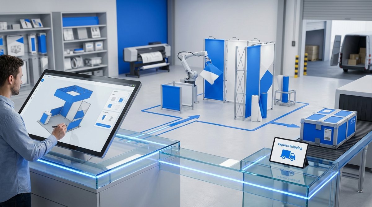 Professional illustration showing tradeshowbooth and com and displays concepts for benefits of custom exhibition stands