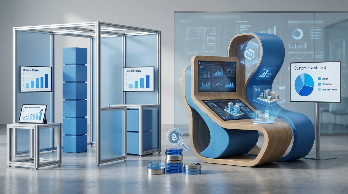 Side-by-side comparison of modular and custom and exhibition concepts for benefits of custom exhibition stands