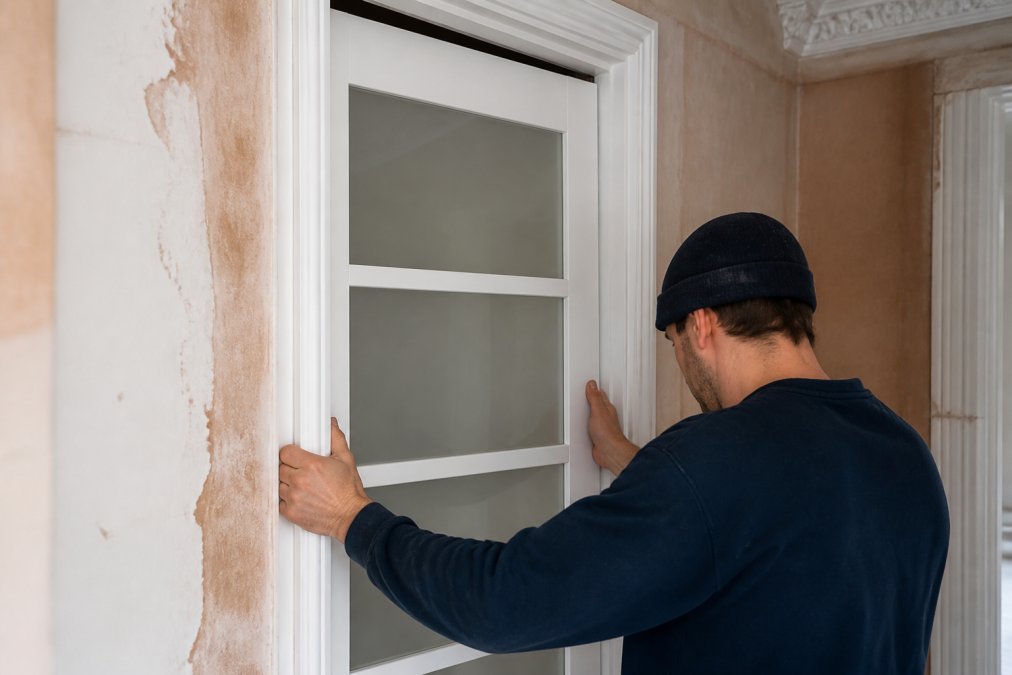 Professional craftsperson's hands carefully fitting a glazed oak internal door into a period property opening, showing precision joinery detailing and timber grain texture under workshop lighting