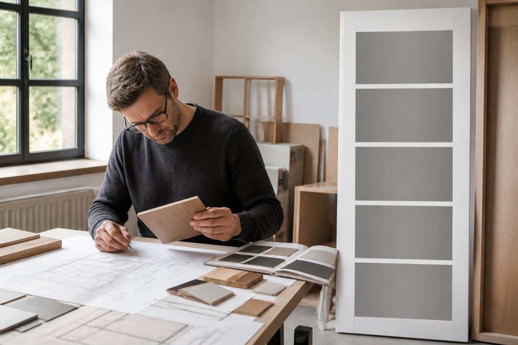 Architect reviewing technical joinery specifications and timber samples at a workbench, surrounded by architectural drawings and material swatches under natural office lighting