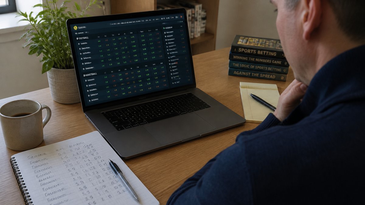 A person at a desk with a laptop showing multiple sports betting odds screens, a notebook with handwritten notes, and a coffee mug, in a home office setting
