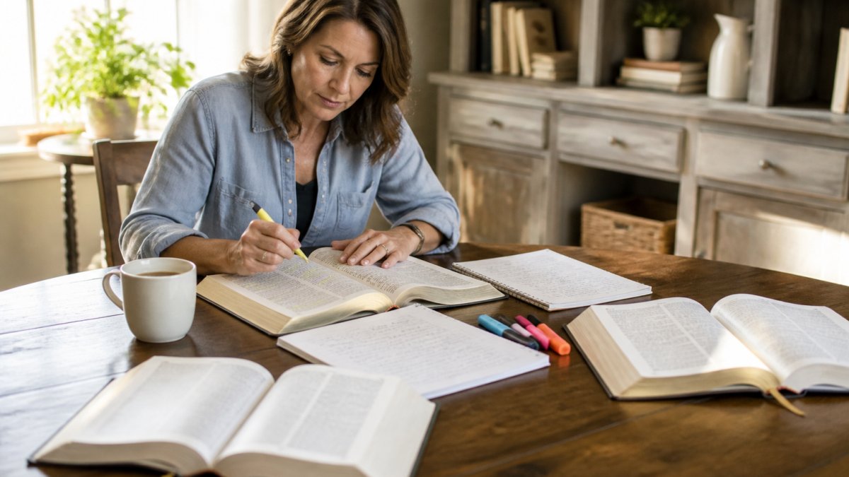 Infographic process for selecting the best Bible study books displayed on a wooden table with study materials