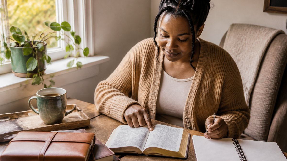 Woman sitting in a peaceful, well-lit corner with an open Bible study book, warm coffee nearby, and a notebook for reflection and handwritten notes