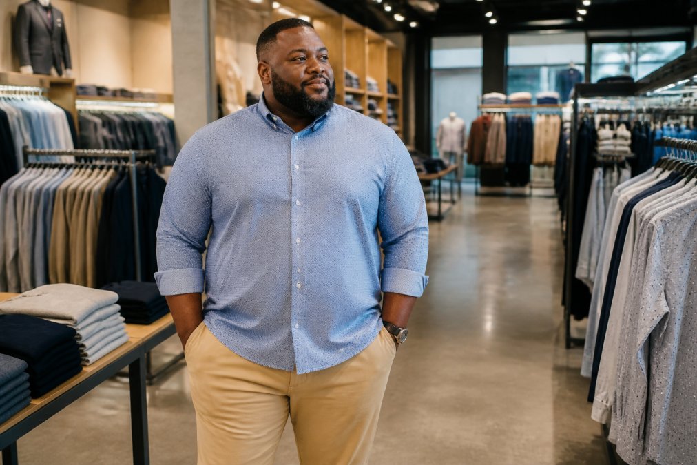 A confident man with a larger build wearing a well-fitted casual outfit, clean chinos and a structured button-down shirt, standing in a bright, modern retail clothing store with neatly organized racks of clothing in the background