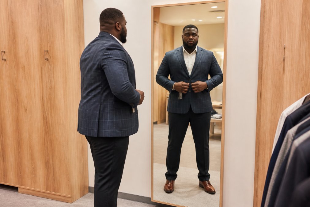 A tall, broad-shouldered man in a neatly tailored outfit, dark trousers with a proper inseam length and a fitted blazer, standing in front of a full-length mirror in a well-lit dressing room, examining the fit of his clothing