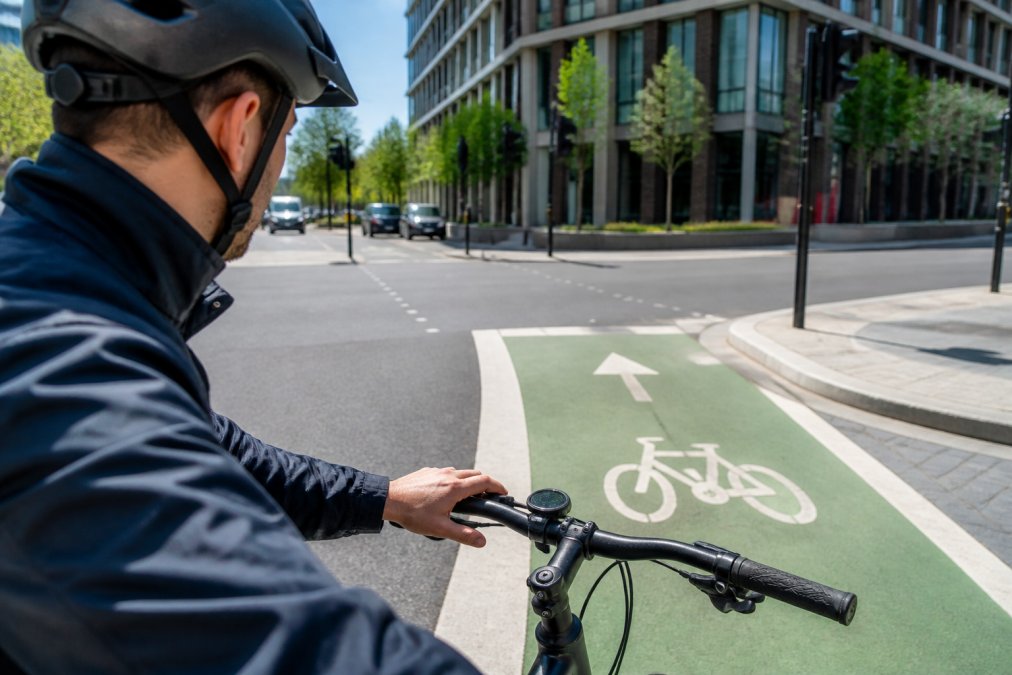 Urban cyclist checking a bike computer under 150 mounted on handlebars at a sunny city intersection