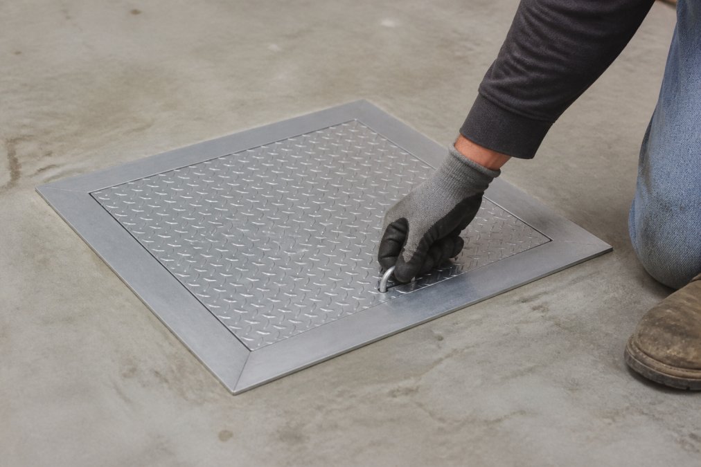 Close-up of an aluminum floor door with diamond plate surface installed flush in a concrete floor, a contractor's gloved hand gripping the flush aluminum drop handle, concrete surroundings visible in natural warehouse lighting