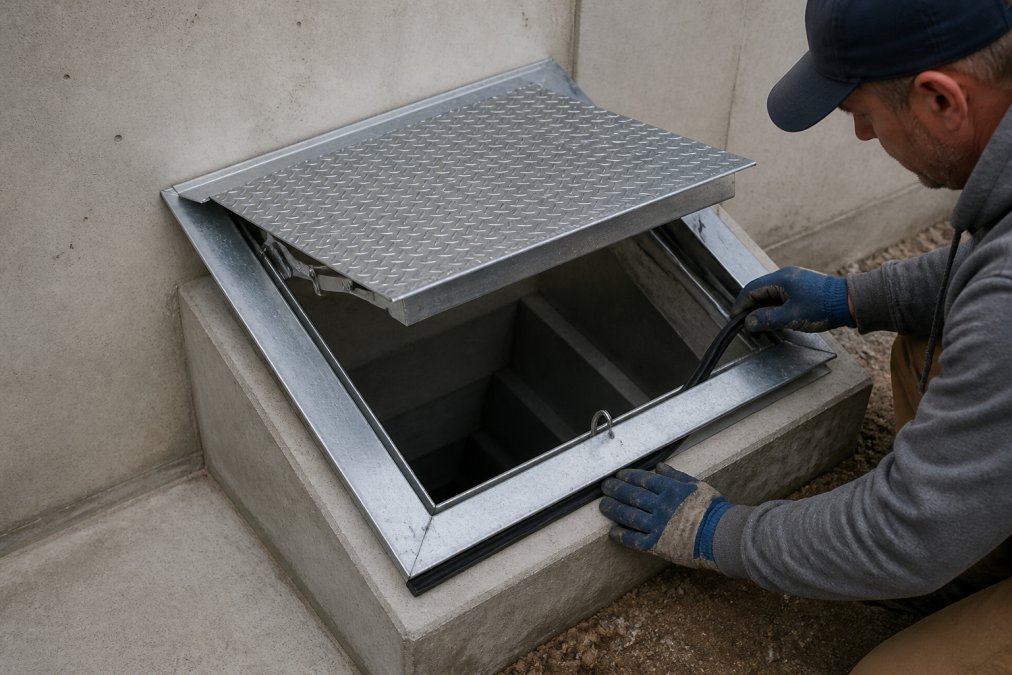 A contractor in work gloves applying weather stripping along the perimeter of a metal basement bulkhead door frame set into a concrete foundation wall, outdoors in overcast natural light with the door open and stair stringers visible below
