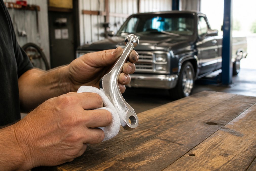 Hands polishing a billet aluminum shift lever with a white microfiber cloth on a wooden workbench, with a classic OBS Chevy pickup visible in the soft-focus background of a well-lit garage