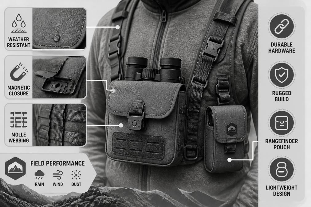 Close-up of binocular harness worn in field conditions showing weather-resistant material, quick-detach magnetic closure, molle webbing with rangefinder pouch attachment, and durable hardware on rugged outdoor terrain